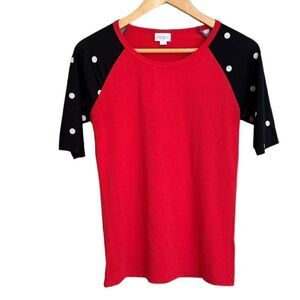 LuLaRoe Randy Tee Red with Black Sleeves and White Polka Dots Size Small